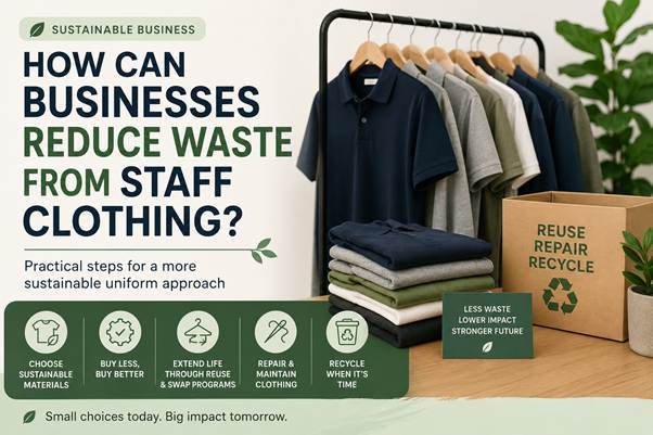How can businesses reduce waste from staff clothing?